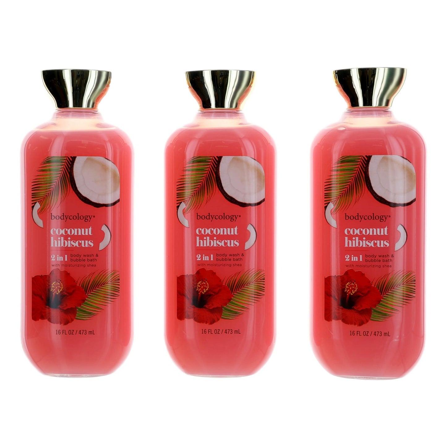 Coconut Hibiscus by Bodycology 3 Pack 16 oz 2 in 1 Body Wash & Bubble Bath Women