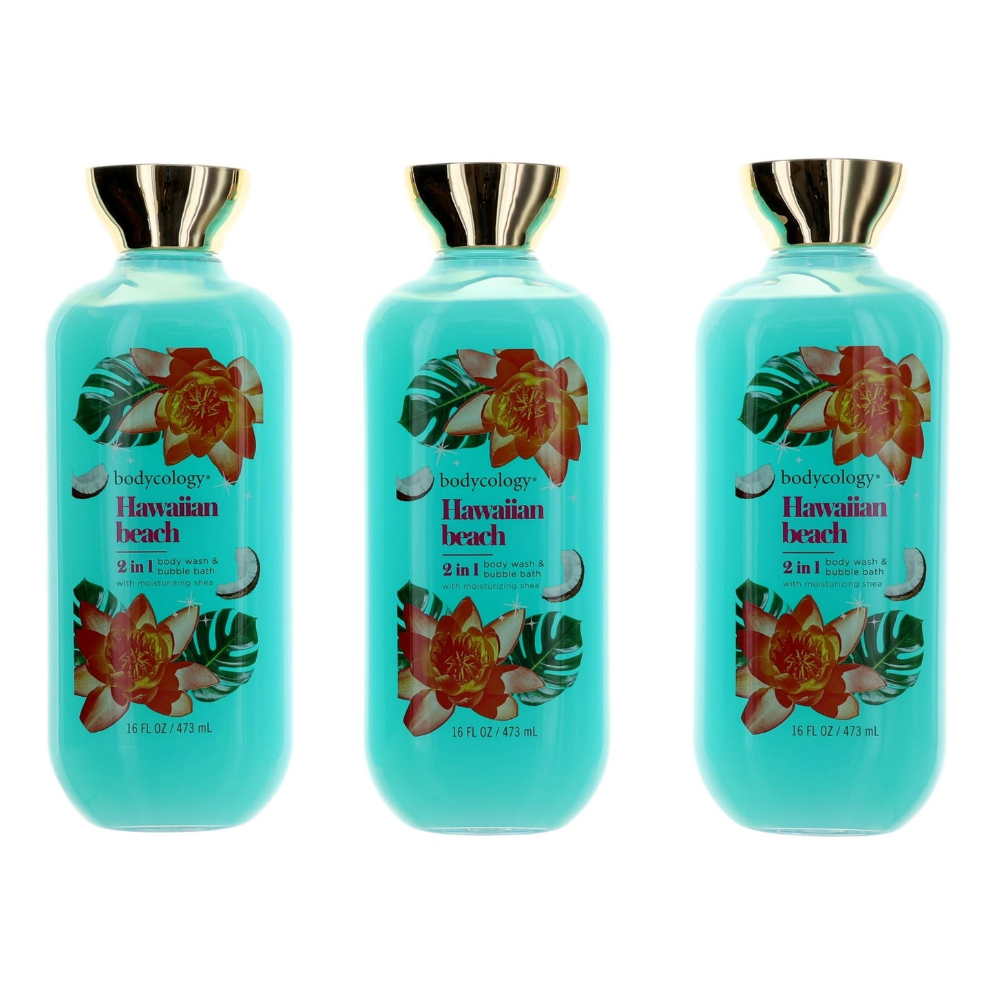 Hawaiian Beach by Bodycology 3 Pack 16 oz 2 in 1 Body Wash & Bubble Bath Women
