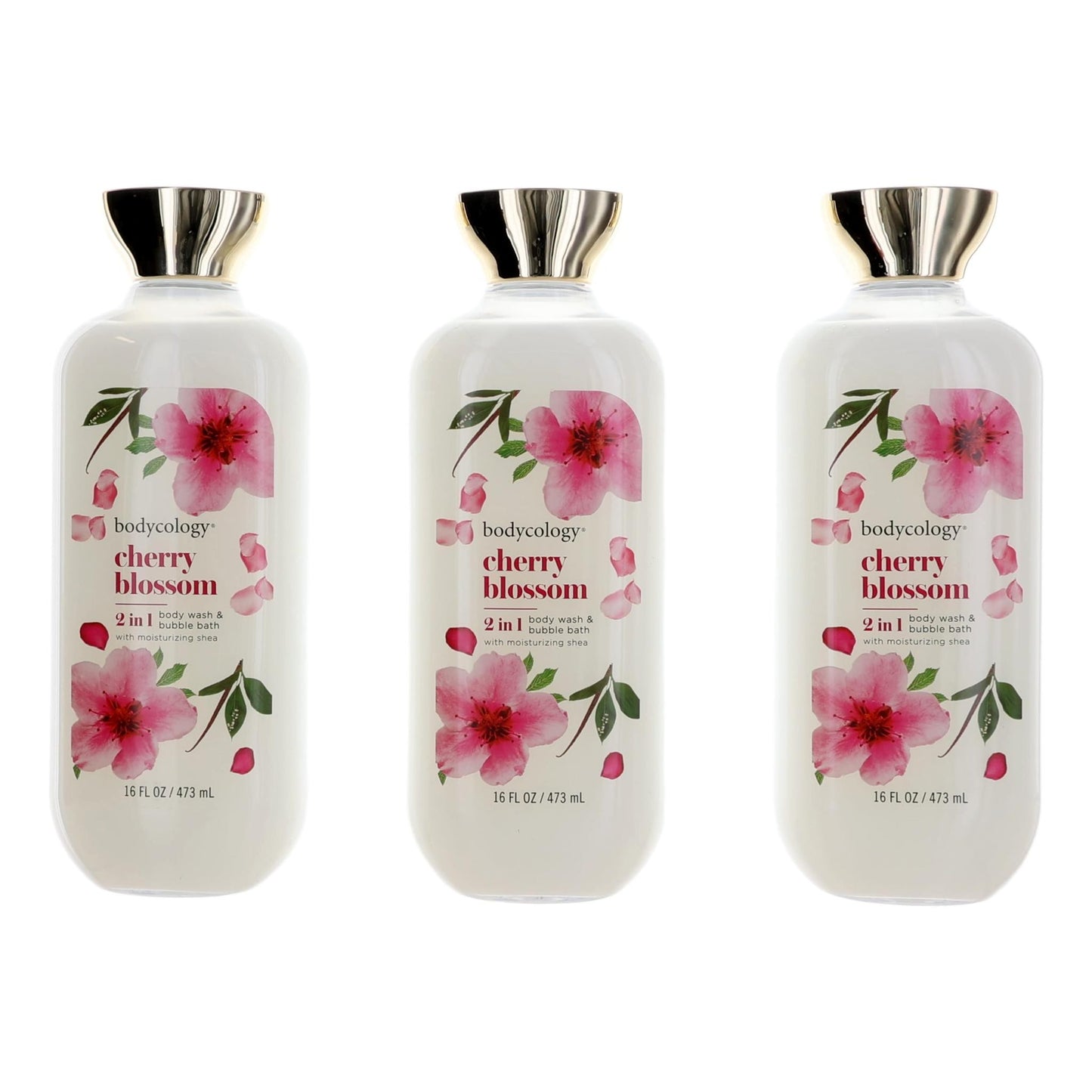 Cherry Blossom by Bodycology 3 Pack 16 oz 2 in 1 Body Wash & Bubble Bath Women