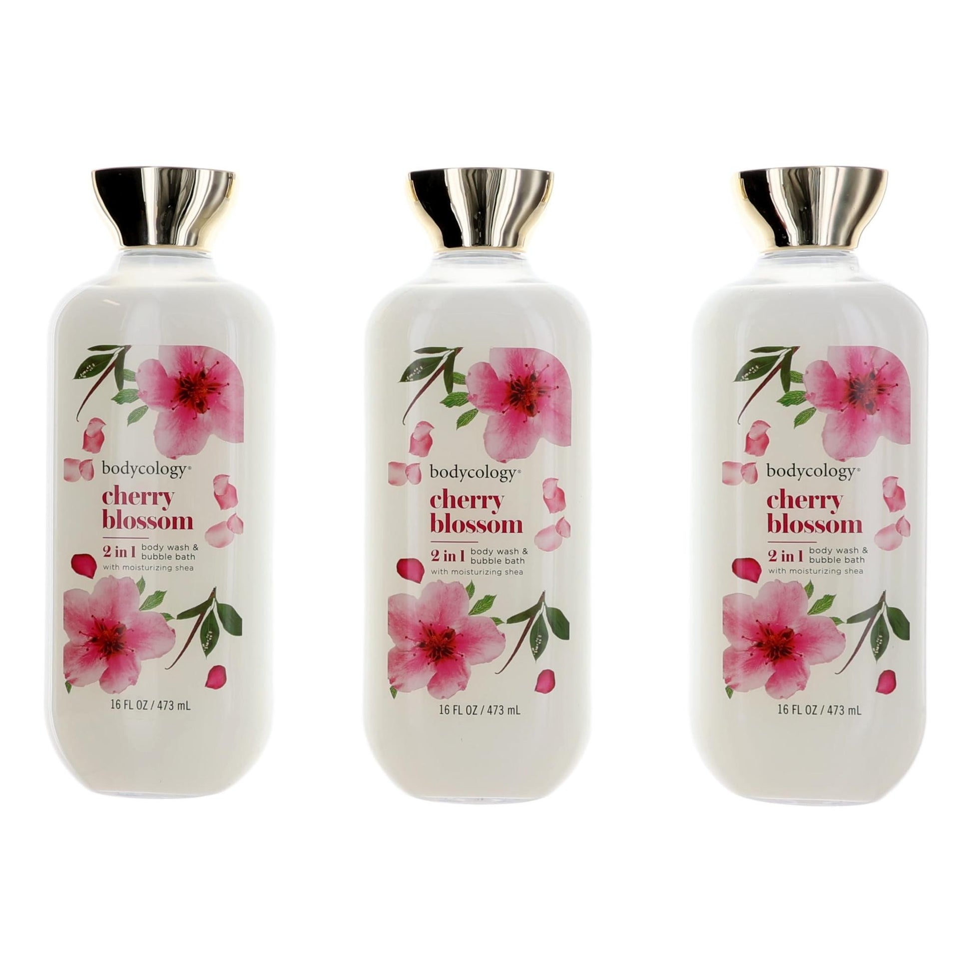 Cherry Blossom by Bodycology 3 Pack 16 oz 2 in 1 Body Wash & Bubble Bath Women