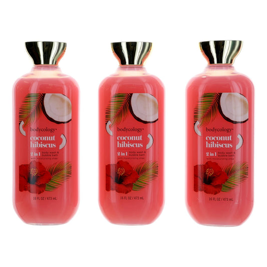 Coconut Hibiscus by Bodycology 3 Pack 16 oz 2 in 1 Body Wash & Bubble Bath Women