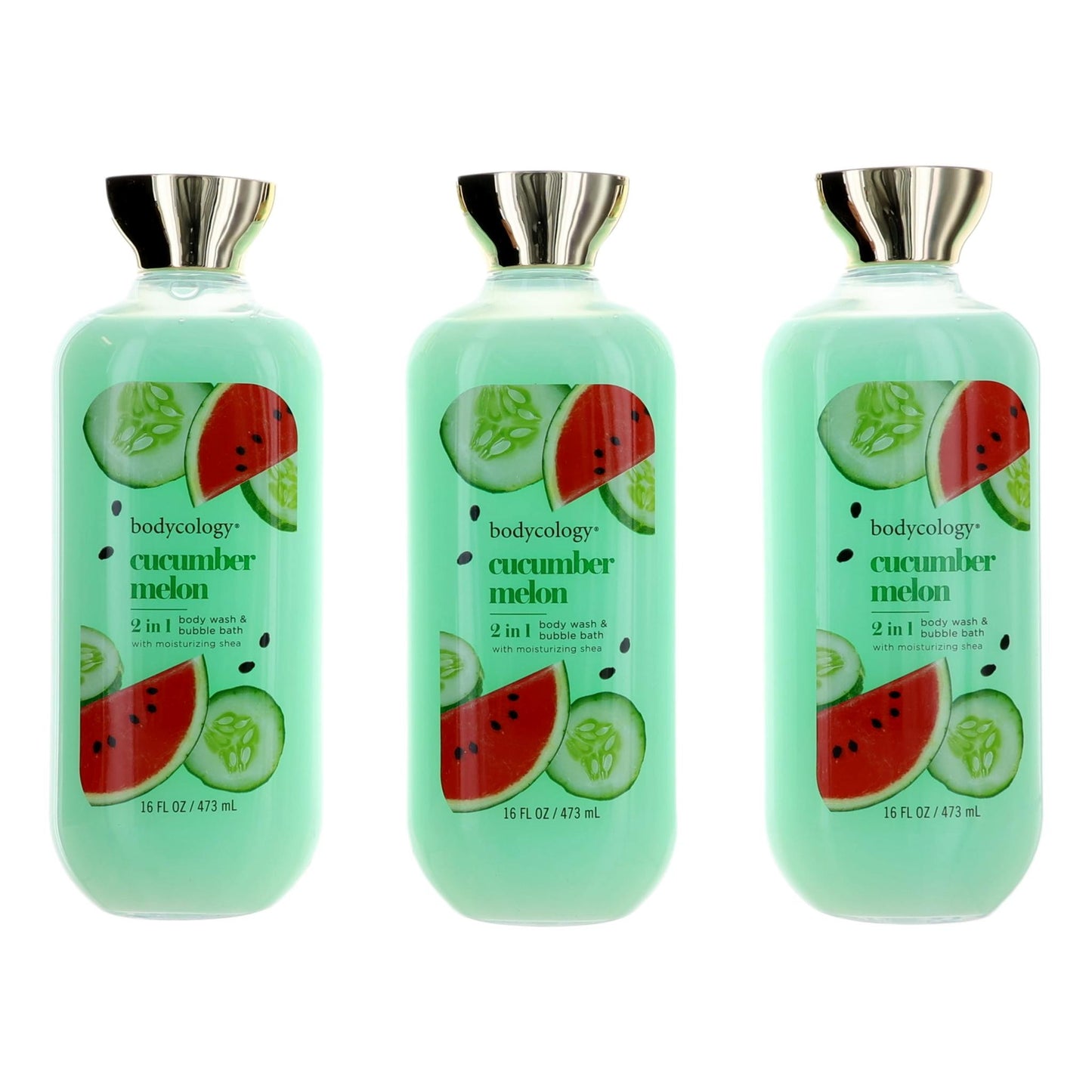 Cucumber Melon by Bodycology 3 Pack 16 oz 2 in 1 Body Wash & Bubble Bath Women